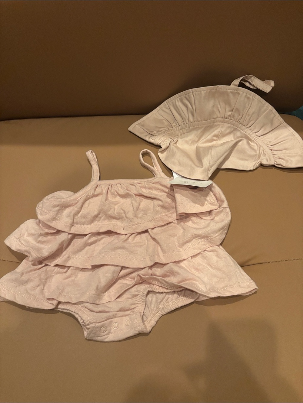 Grayson mini Baby Girl Peachy Pink Ruffle One-Piece  with Hat